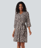 Roll Up Sleeve Belted Leopard Print Casual Shirt Dress with Pockets — Gold Leopard Print — view 3