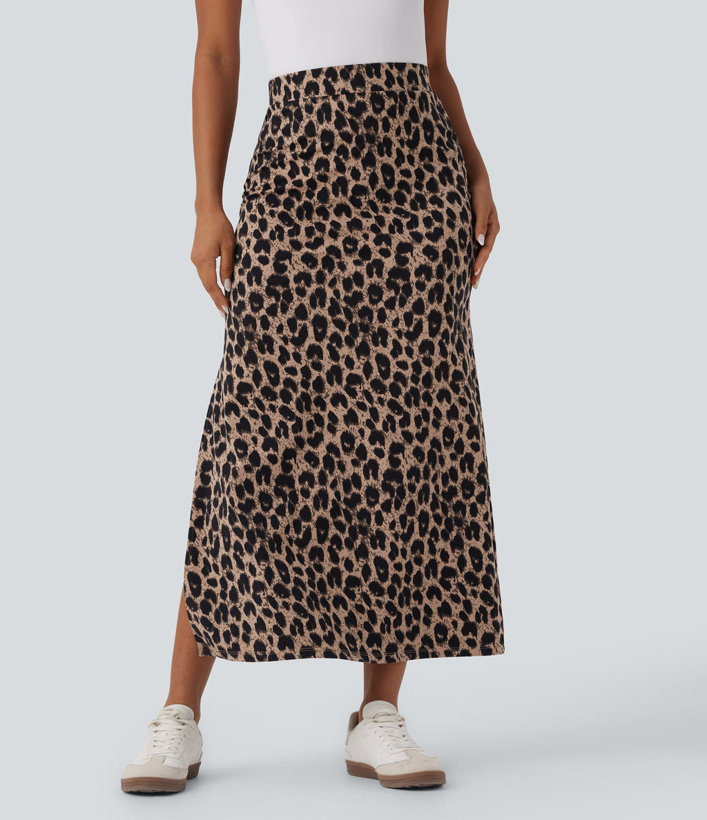 Leopard Print High Waisted Split Maxi Casual Skirt — Toffee Leopard — view 1