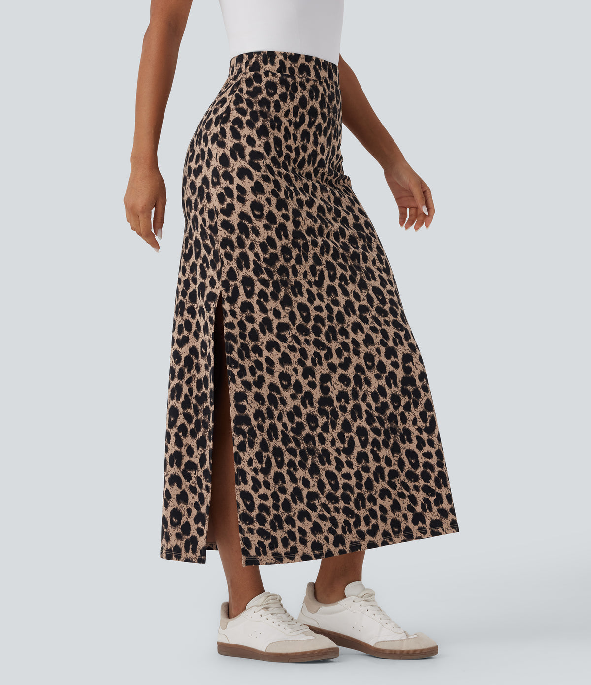 Leopard Print High Waisted Split Maxi Casual Skirt — Toffee Leopard — view 3