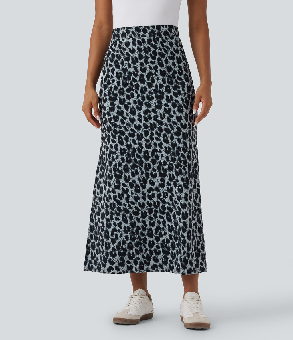 Leopard Print High Waisted Split Maxi Casual Skirt — Moonshadow Leopard — view 6