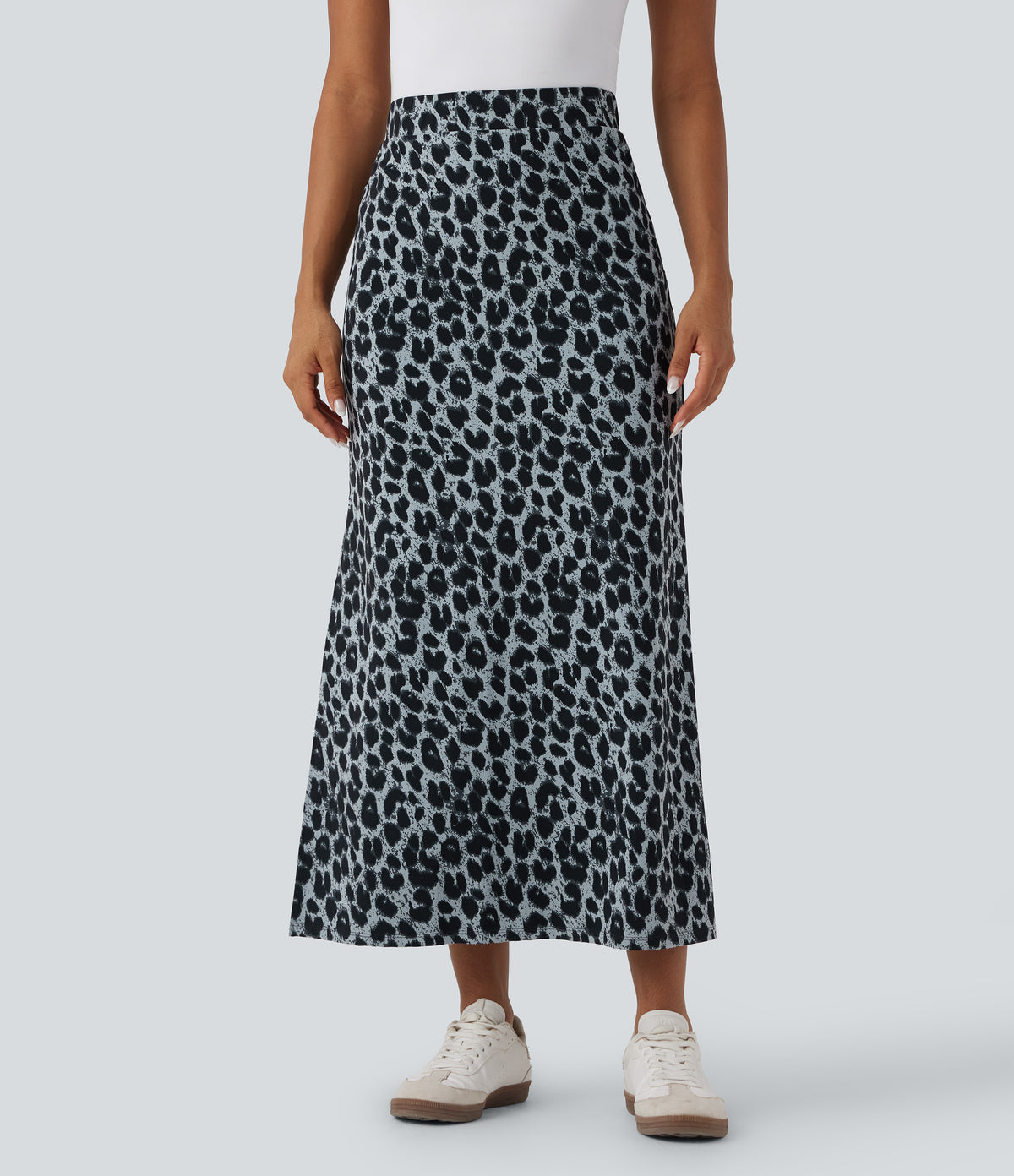 Leopard Print High Waisted Split Maxi Casual Skirt — Moonshadow Leopard — view 6