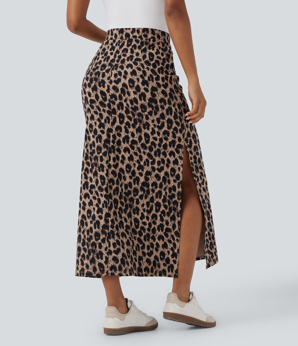Leopard Print High Waisted Split Maxi Casual Skirt — Toffee Leopard — view 2