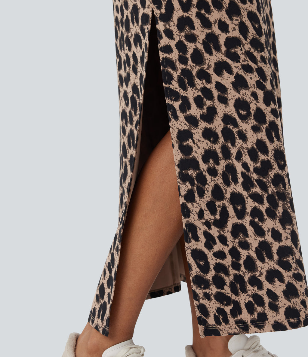 Leopard Print High Waisted Split Maxi Casual Skirt — Toffee Leopard — view 4