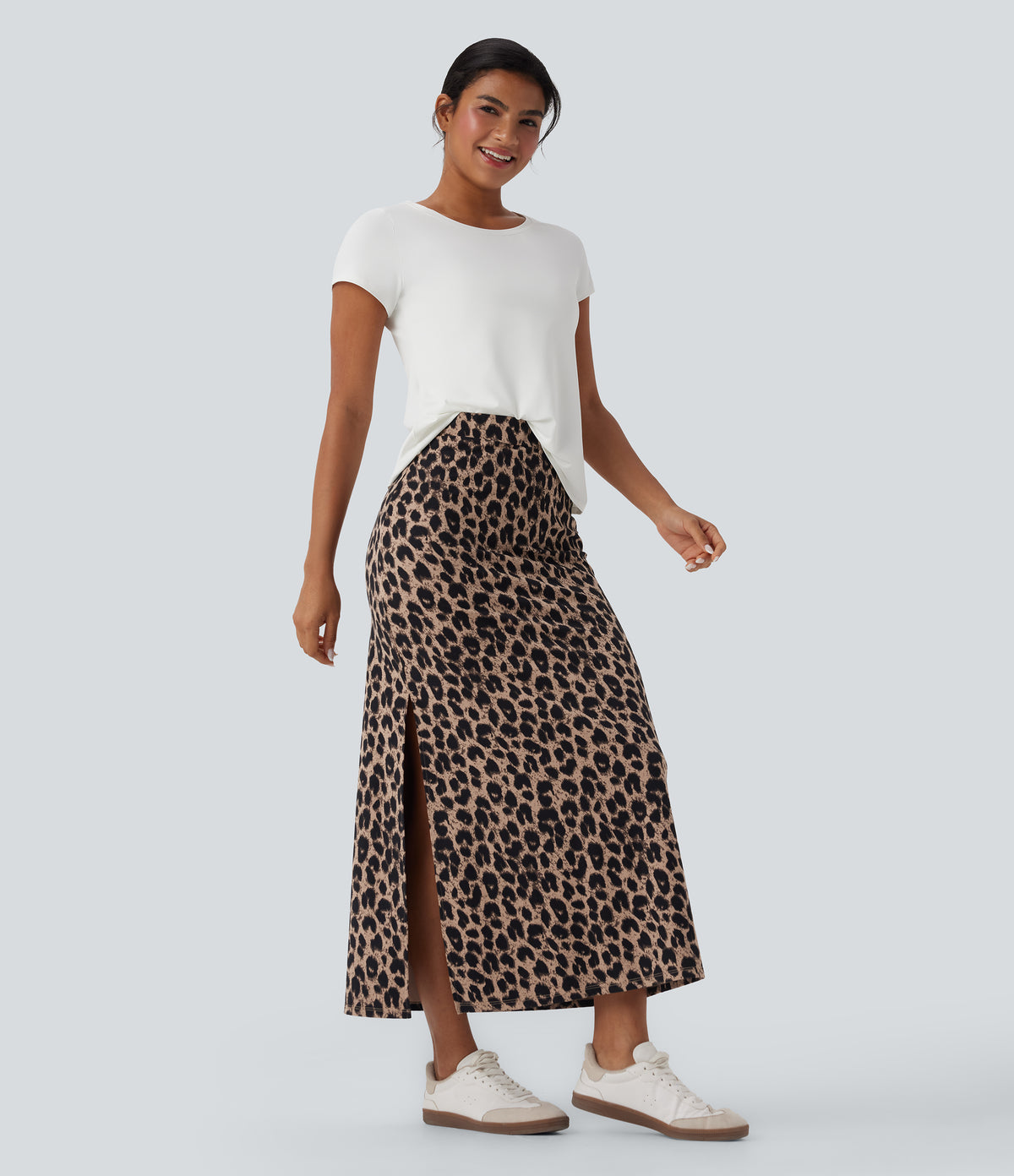 Leopard Print High Waisted Split Maxi Casual Skirt — Toffee Leopard — view 5
