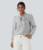 Tie Front Long Sleeve Stripe Casual Shirt — Light Black White Stripe — view 7