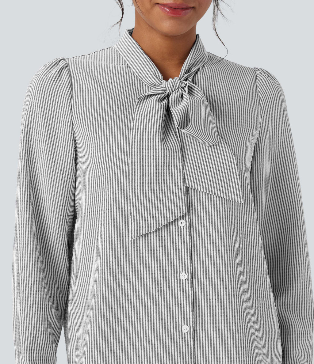 Tie Front Long Sleeve Stripe Casual Shirt — Light Black White Stripe — view 5