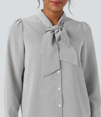 Tie Front Long Sleeve Stripe Casual Shirt — Light Black White Stripe — view 5