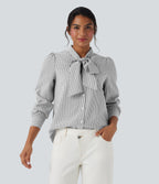 Tie Front Long Sleeve Stripe Casual Shirt — Light Black White Stripe — view 1