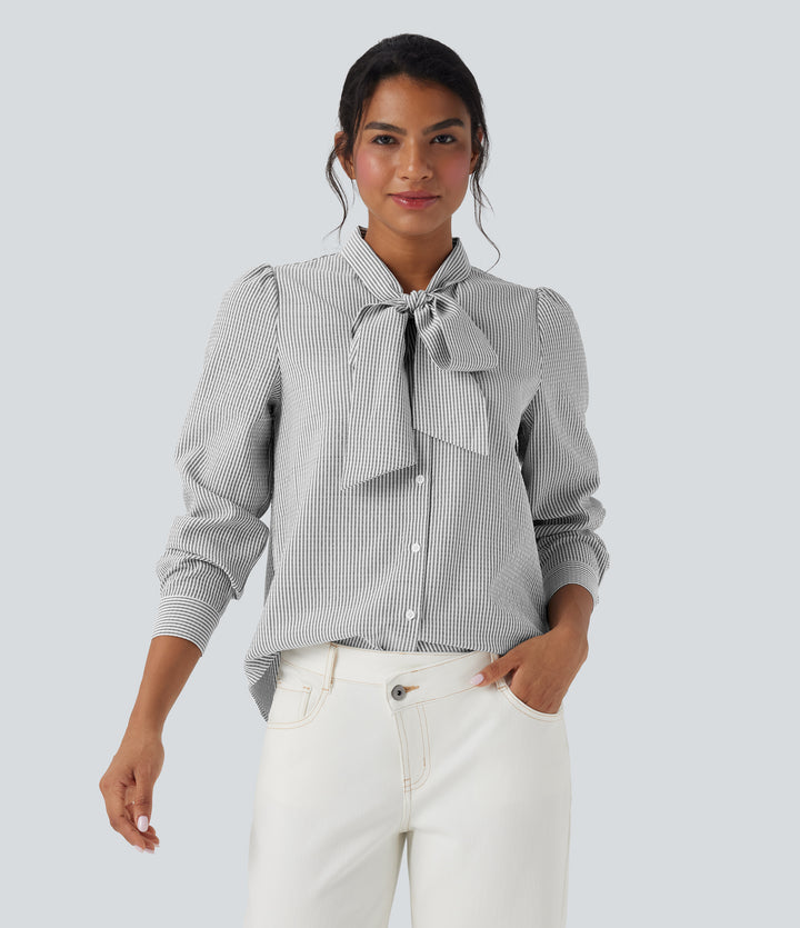 Tie Front Long Sleeve Stripe Casual Shirt — Light Black White Stripe — view 1