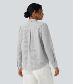 Tie Front Long Sleeve Stripe Casual Shirt — Light Black White Stripe — view 2