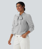Tie Front Long Sleeve Stripe Casual Shirt — Light Black White Stripe — view 3