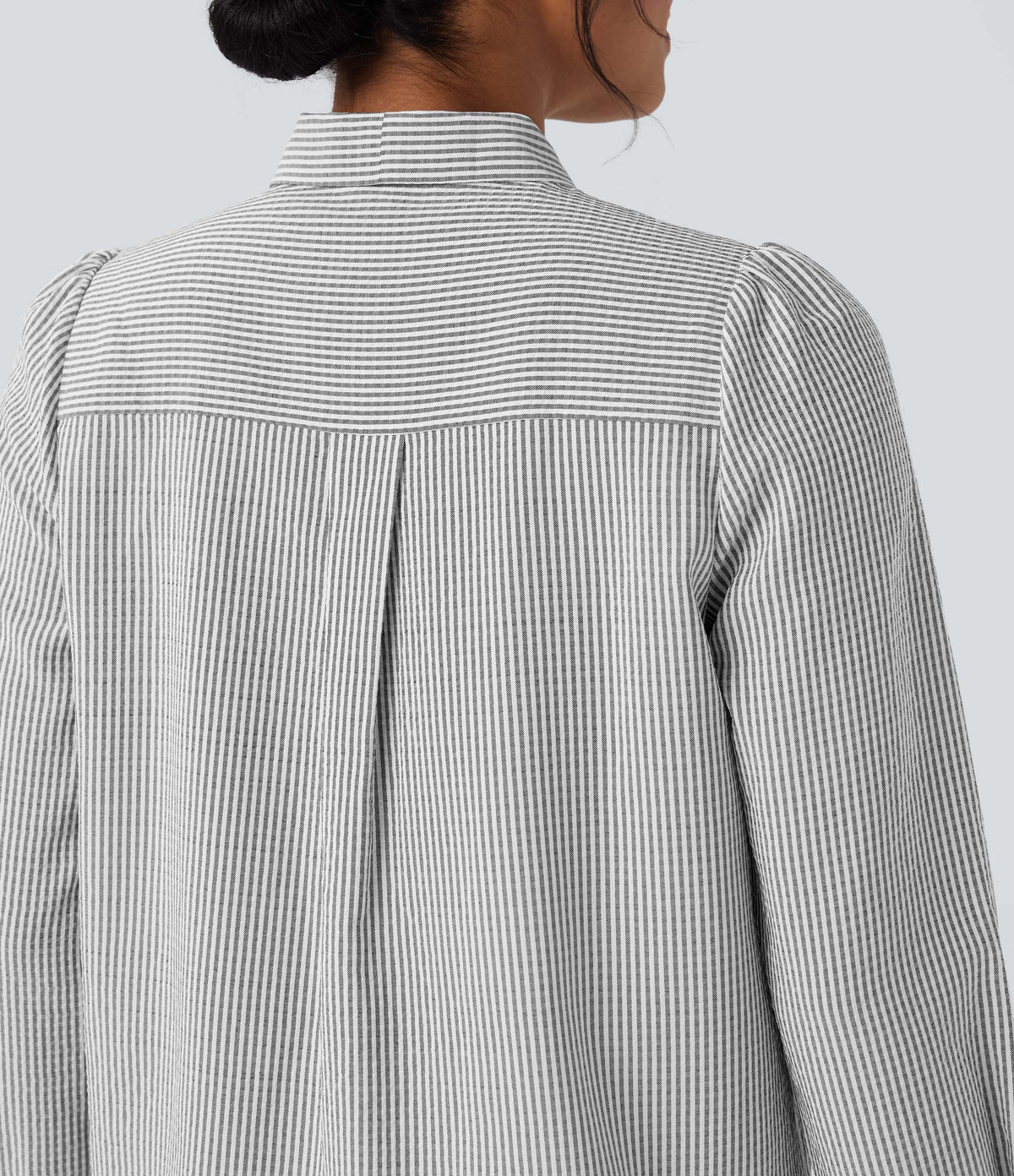 Tie Front Long Sleeve Stripe Casual Shirt — Light Black White Stripe — view 4