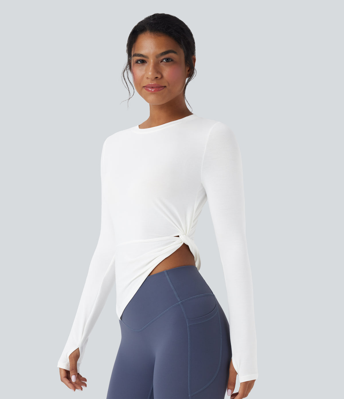 Long Sleeve Thumb Hole Asymmetric Quick Dry Yoga Sports Top — White — view 1