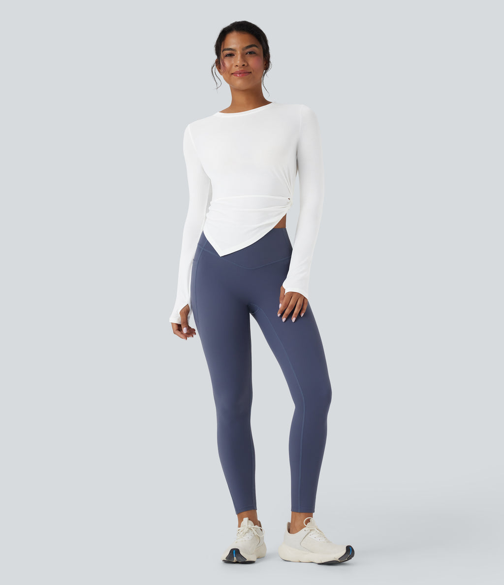 Long Sleeve Thumb Hole Asymmetric Quick Dry Yoga Sports Top — White — view 6