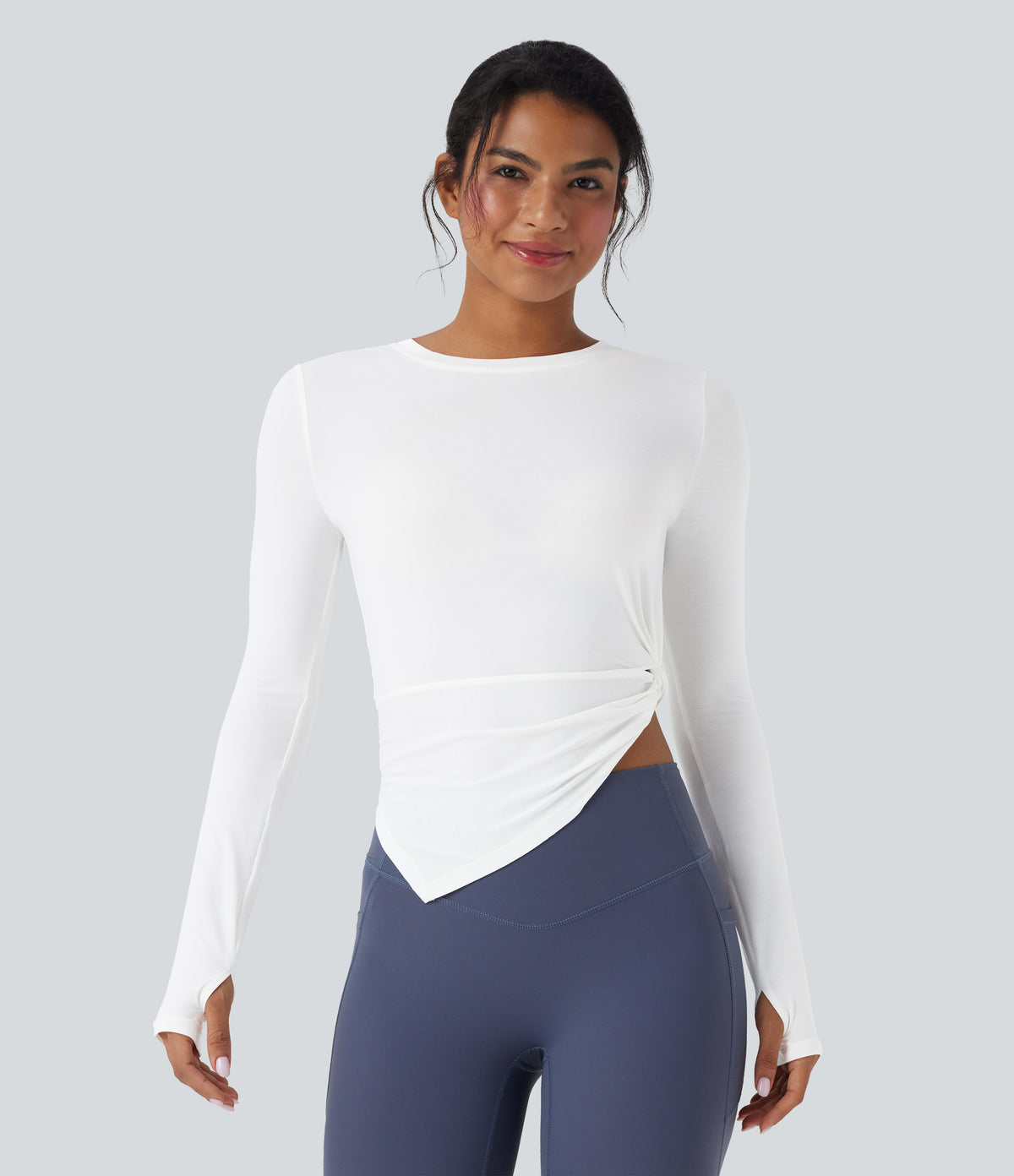 Long Sleeve Thumb Hole Asymmetric Quick Dry Yoga Sports Top — White — view 3