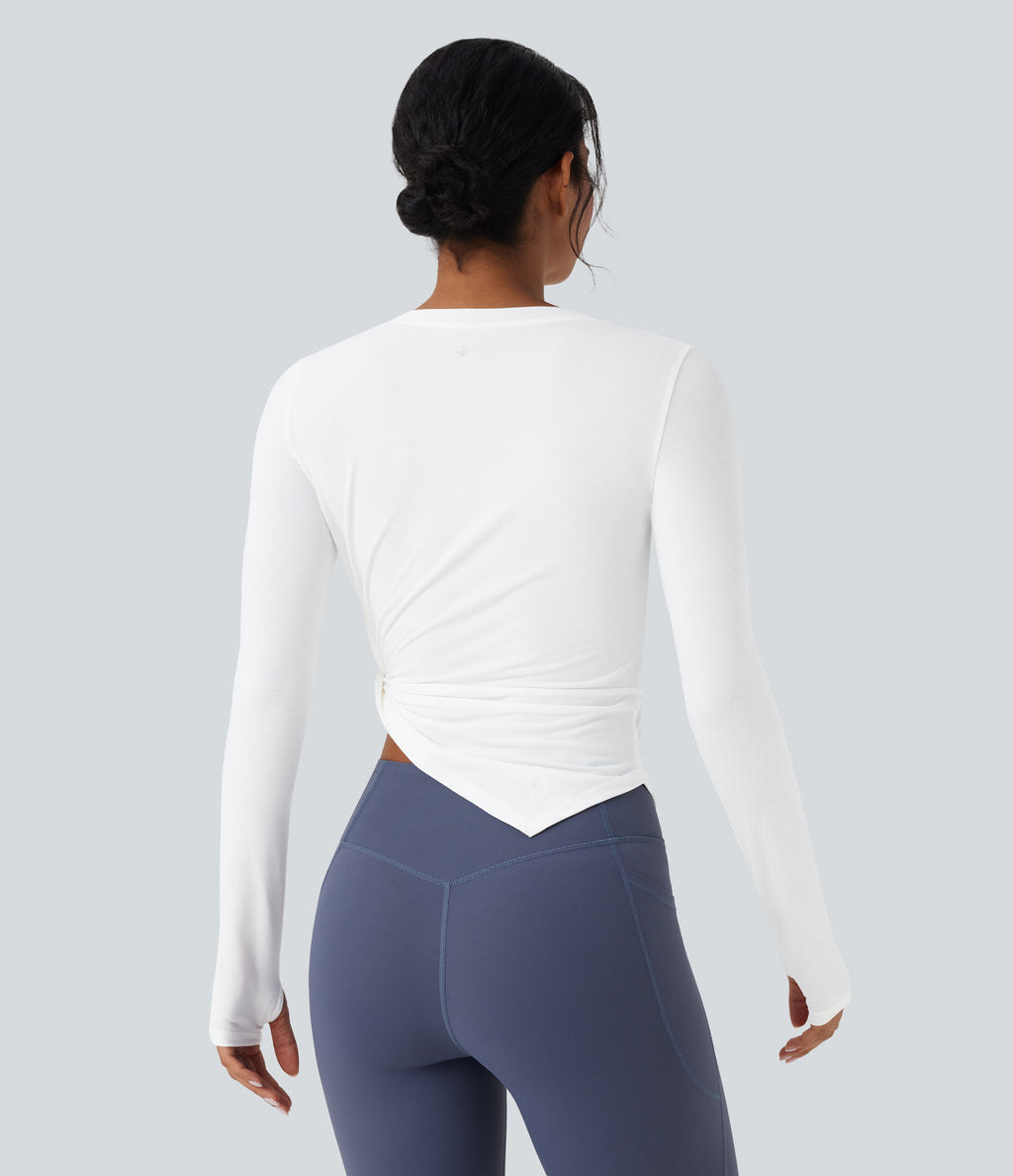 Long Sleeve Thumb Hole Asymmetric Quick Dry Yoga Sports Top — White — view 2