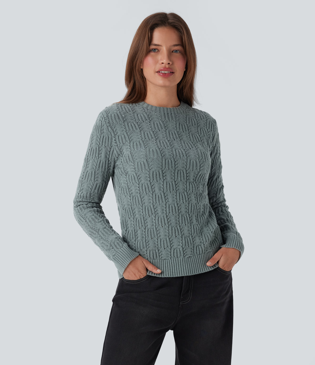 Round Neck Long Sleeve Casual Jumper — Silver Blue — view 2