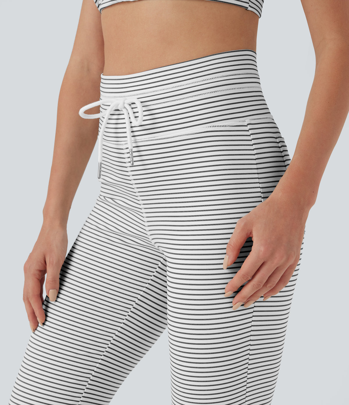 High Waisted Drawstring Stripe Flared Yoga Trousers with Pockets — Zebra Ripple — view 5