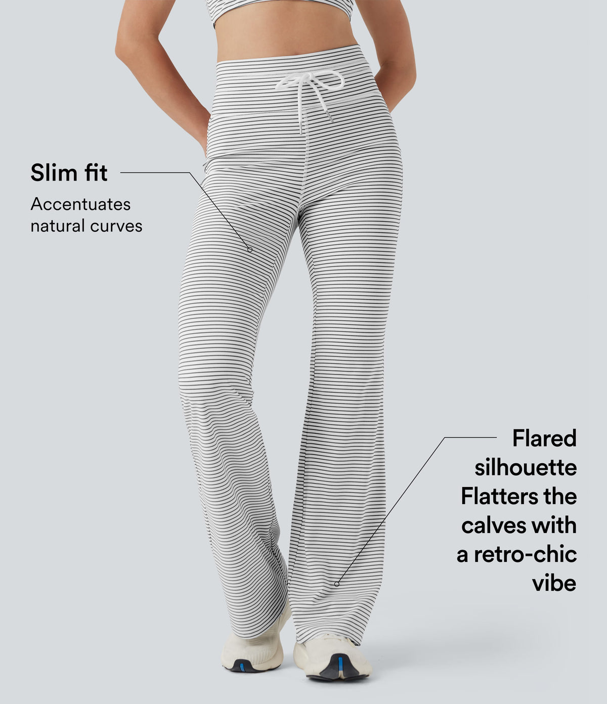 High Waisted Drawstring Stripe Flared Yoga Trousers with Pockets — Zebra Ripple — view 3