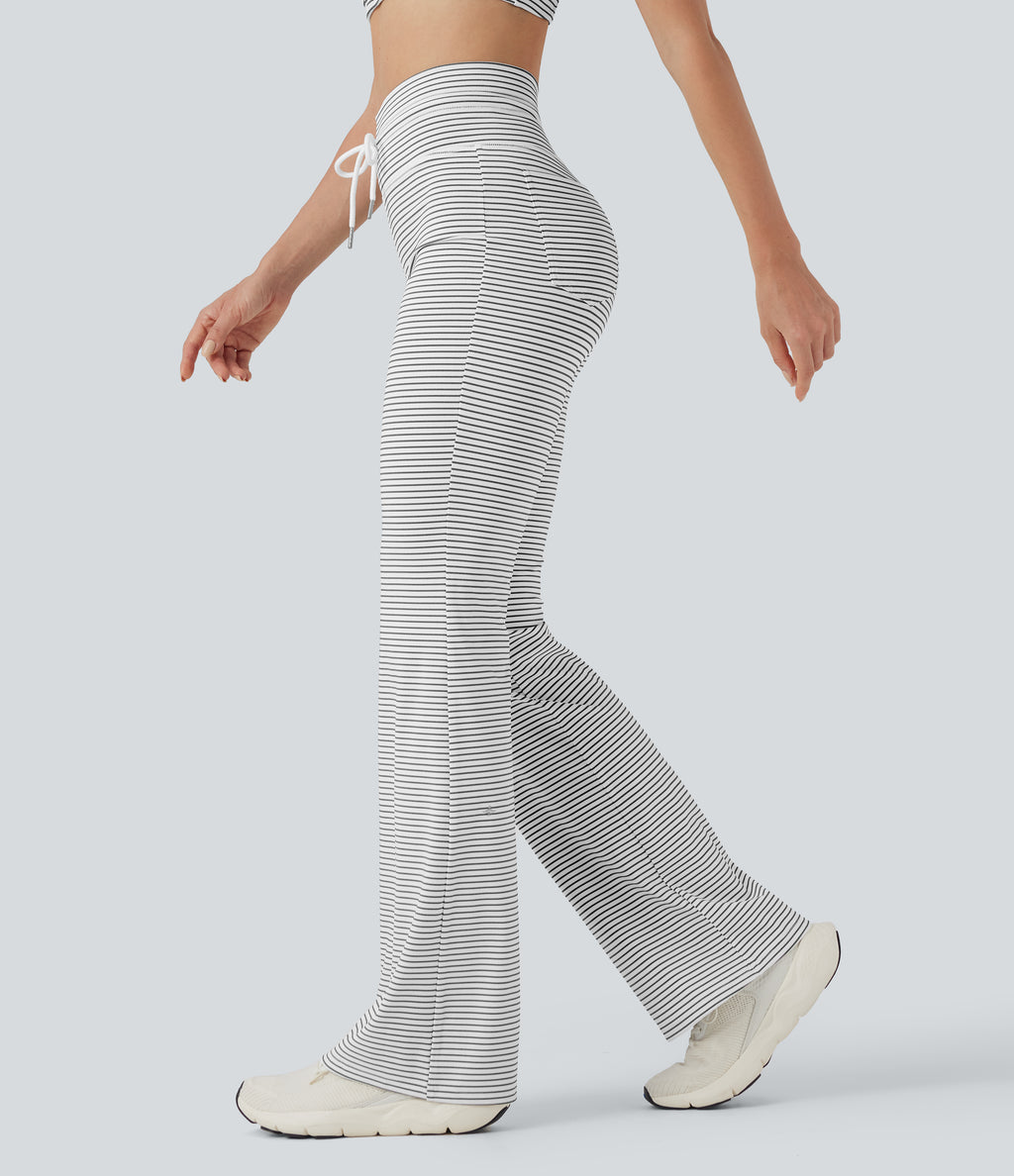 High Waisted Drawstring Stripe Flared Yoga Trousers with Pockets — Zebra Ripple — view 1
