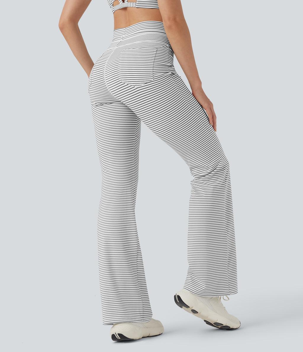 High Waisted Drawstring Stripe Flared Yoga Trousers with Pockets — Zebra Ripple — view 7