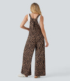 Leopard Print Waffle Casual Dungarees with Pockets — Noir Safari — view 2