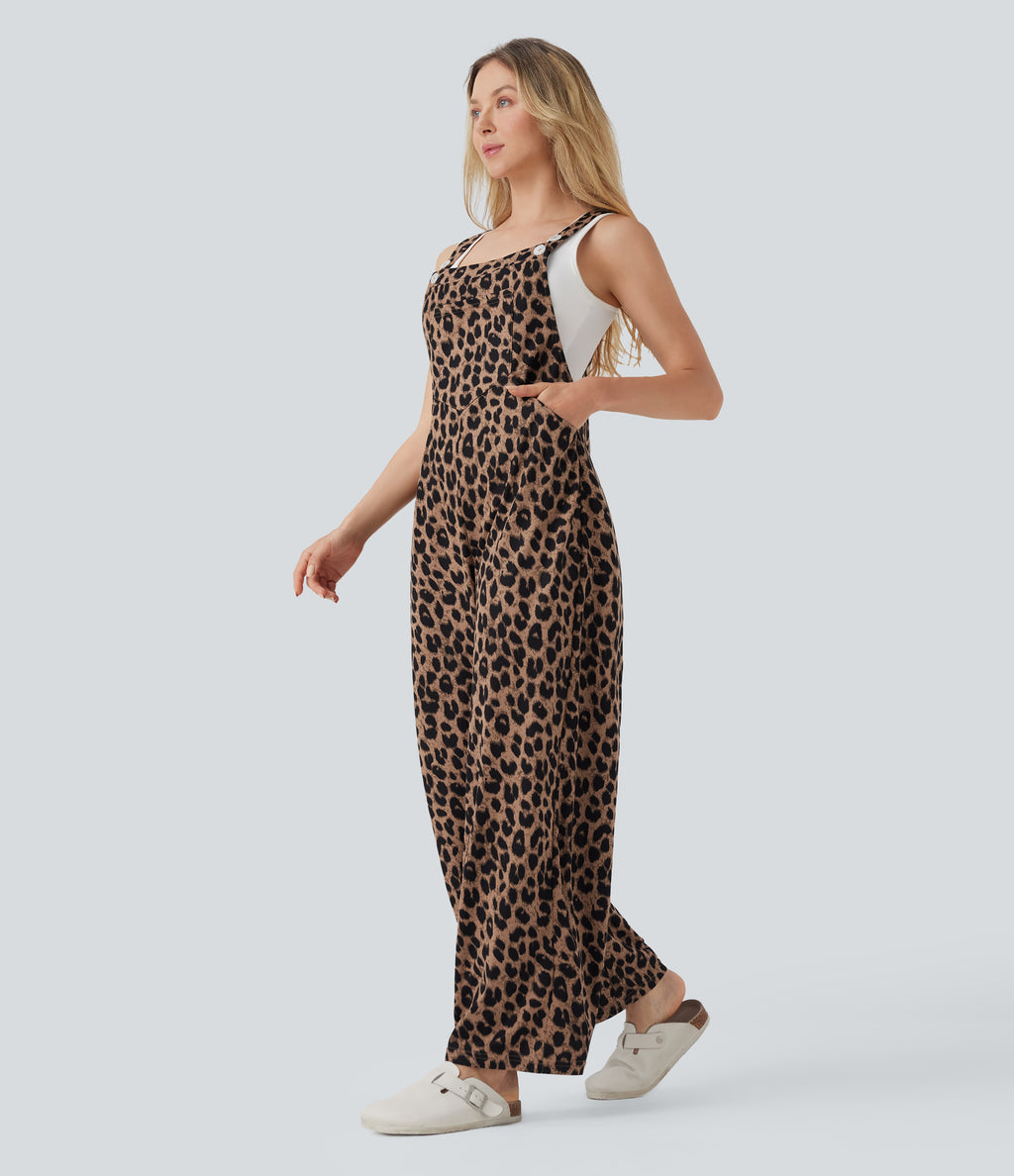 Leopard Print Waffle Casual Dungarees with Pockets — Noir Safari — view 3