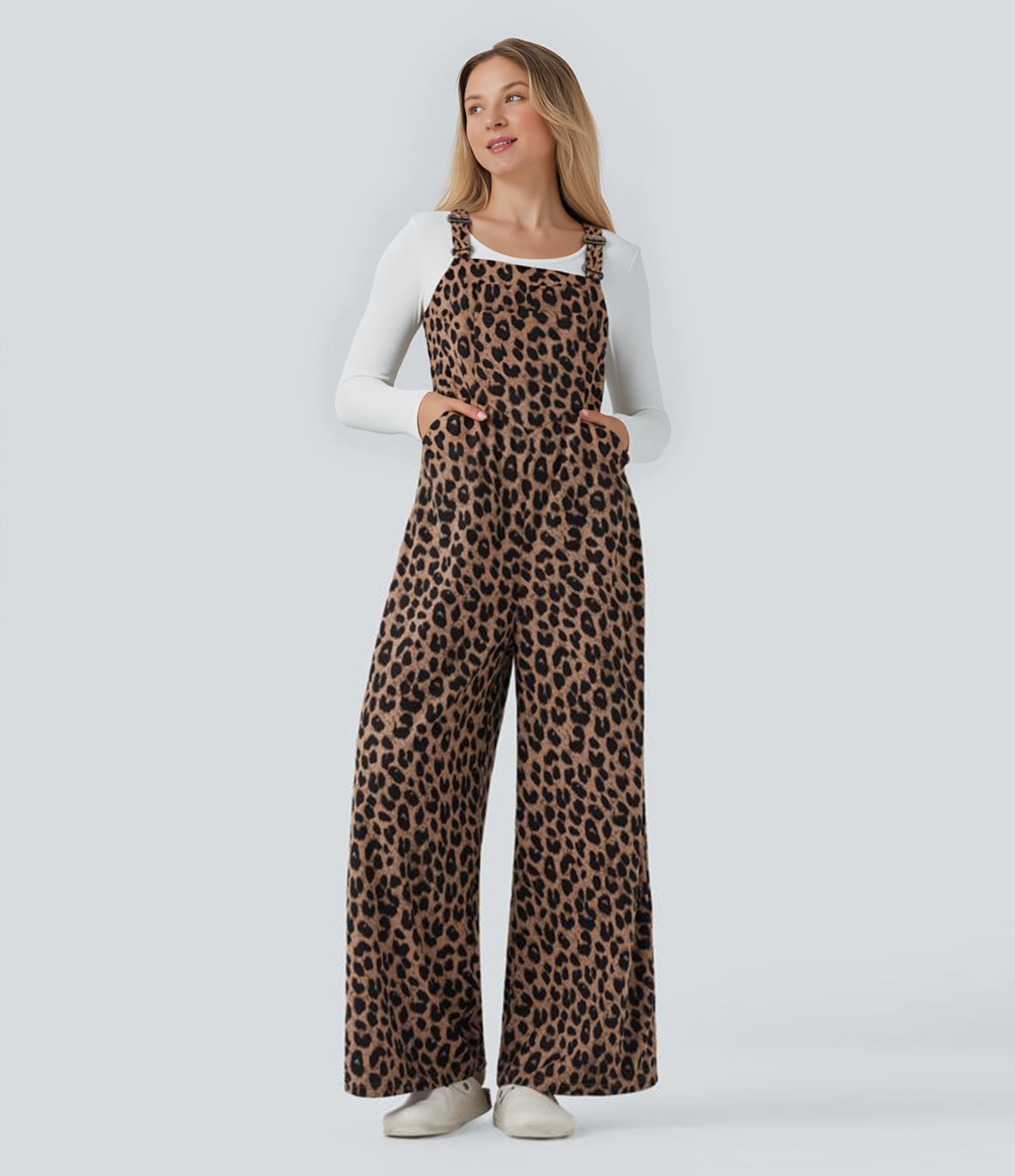 Leopard Print Waffle Casual Dungarees with Pockets — Noir Safari — view 1