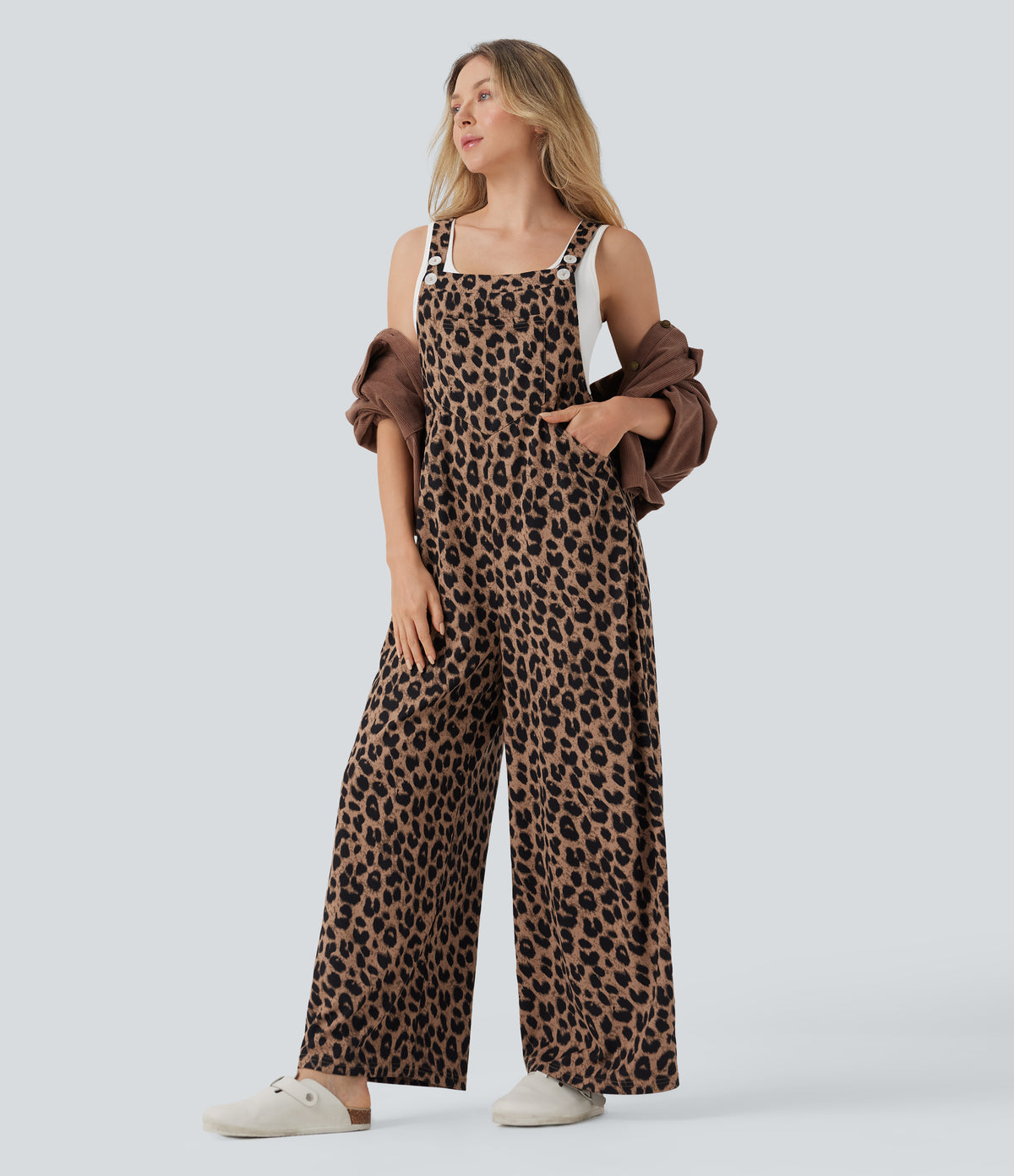 Leopard Print Waffle Casual Dungarees with Pockets — Noir Safari — view 6