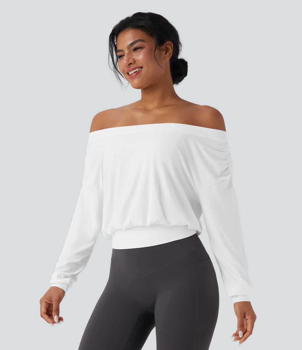 Off-shoulder Oversize InstantCool Quick Dry Yoga Sports Top — White — view 3