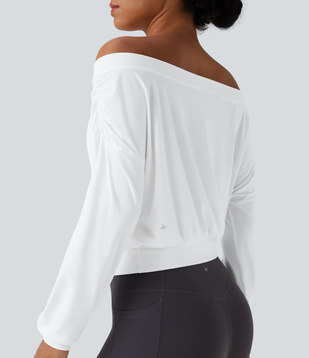 Off-shoulder Oversize InstantCool Quick Dry Yoga Sports Top — White — view 4