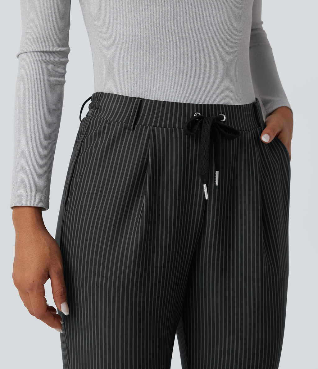 Mid Rise Drawstring Tapered Stripe Work Trousers with Pockets — Steel Stripe — view 5