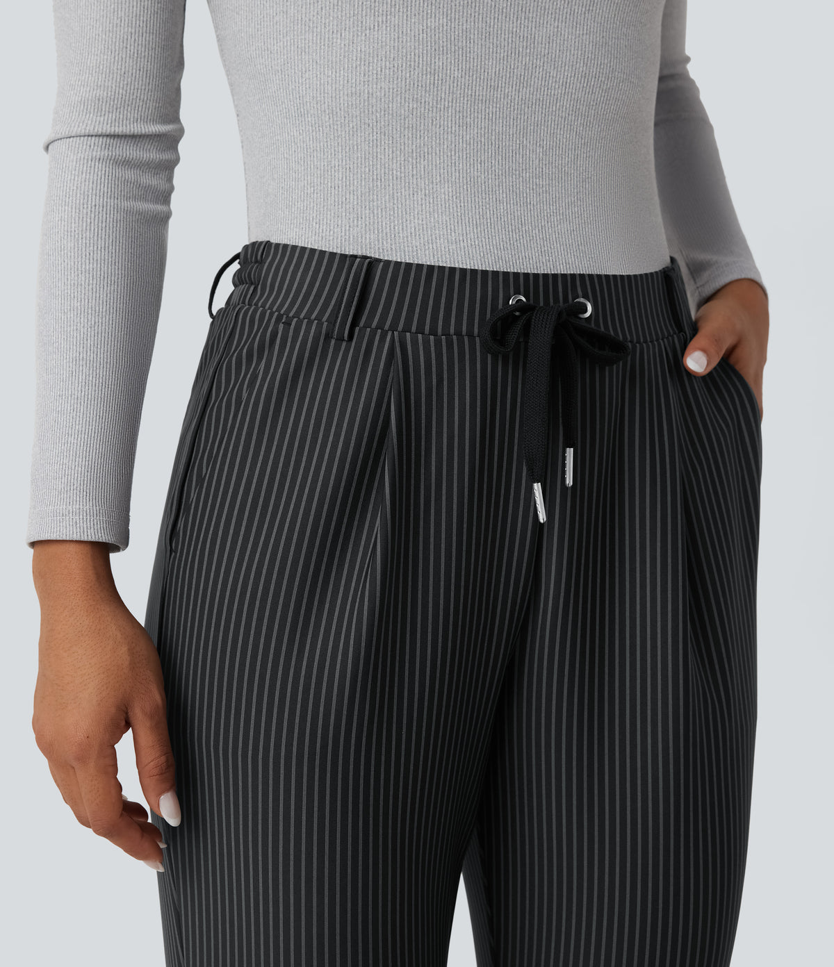 Mid Rise Drawstring Tapered Stripe Work Trousers with Pockets — Steel Stripe — view 5