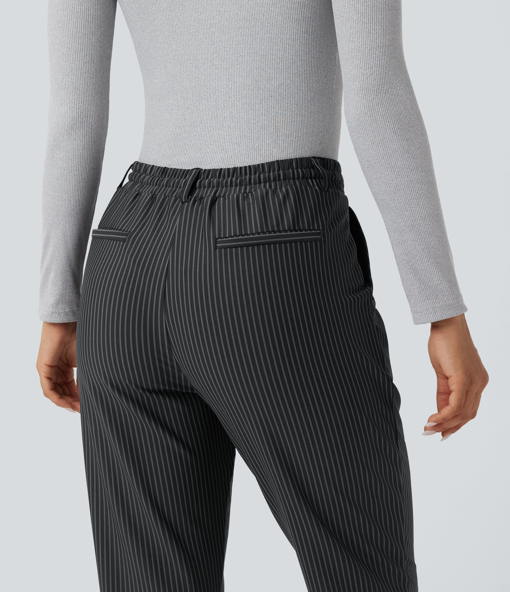 Mid Rise Drawstring Tapered Stripe Work Trousers with Pockets — Steel Stripe — view 4