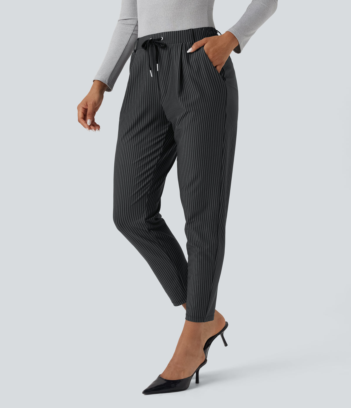 Mid Rise Drawstring Tapered Stripe Work Trousers with Pockets — Steel Stripe — view 3