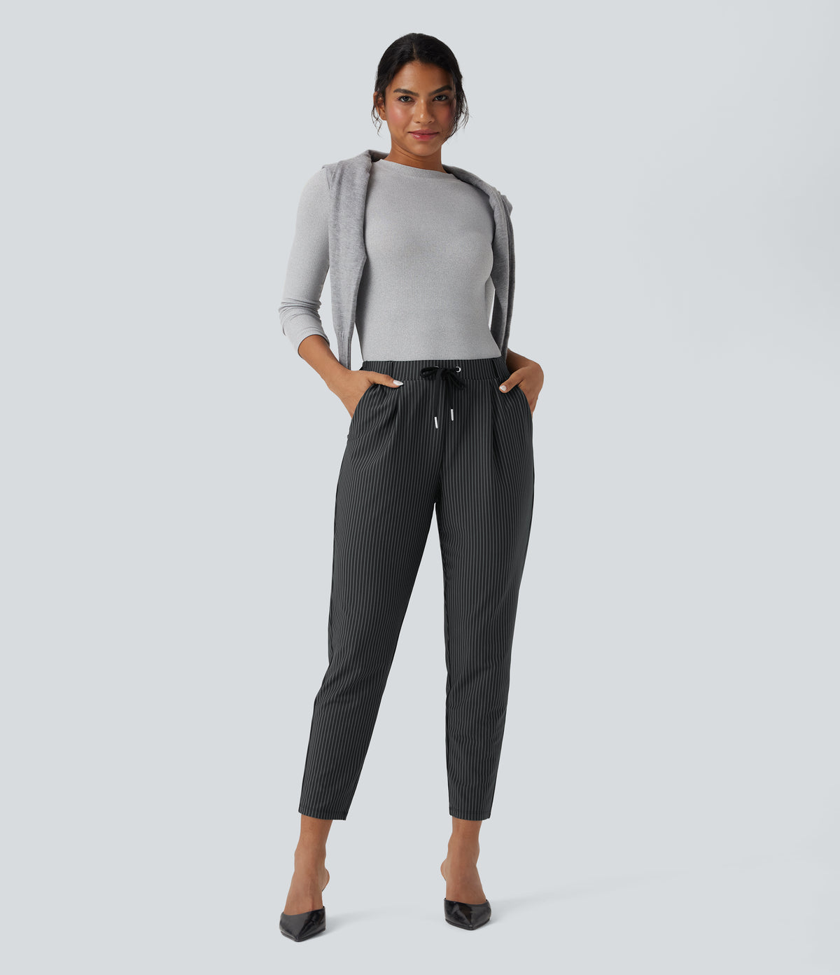 Mid Rise Drawstring Tapered Stripe Work Trousers with Pockets — Steel Stripe — view 6