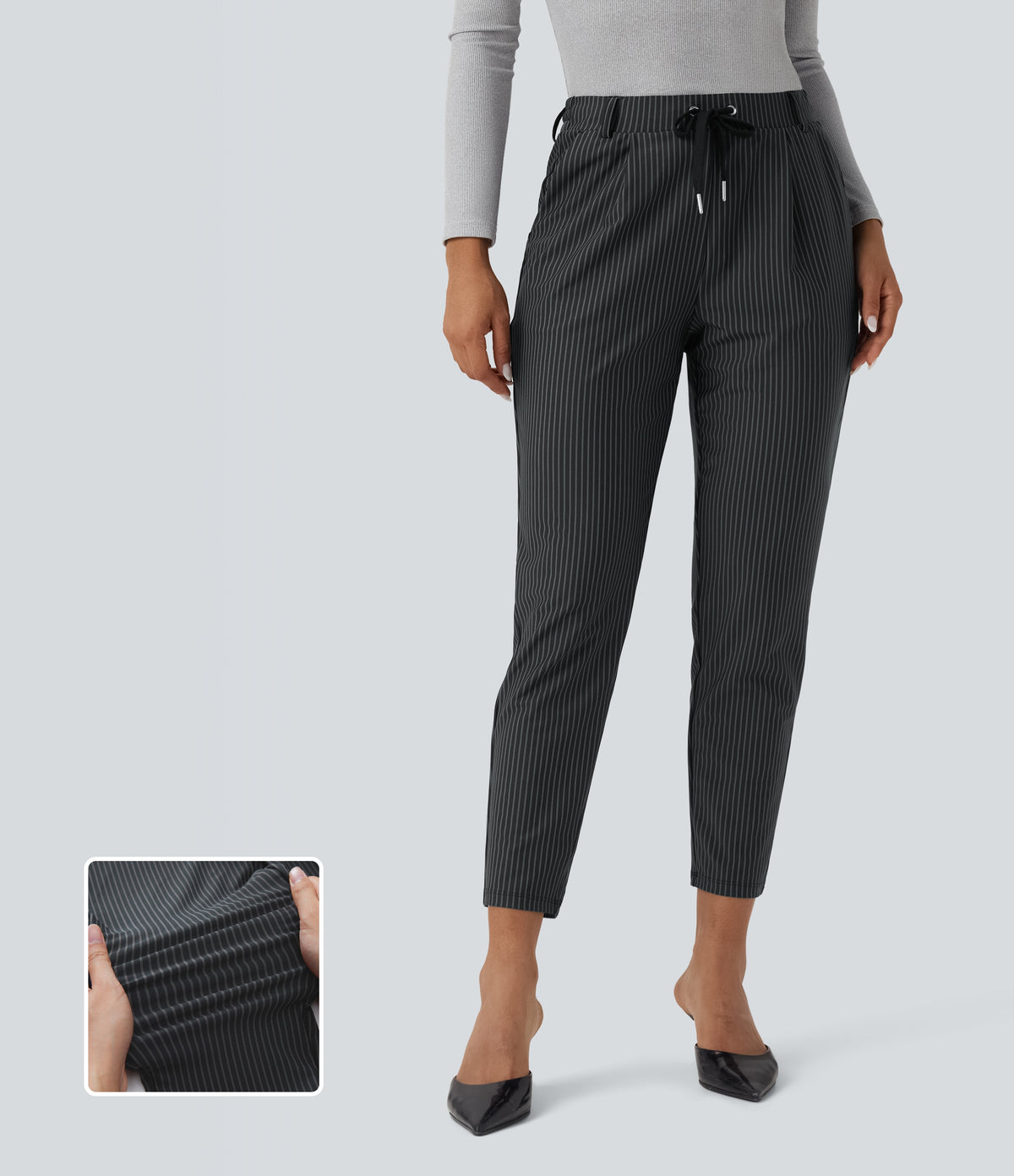Mid Rise Drawstring Tapered Stripe Work Trousers with Pockets — Steel Stripe — view 1