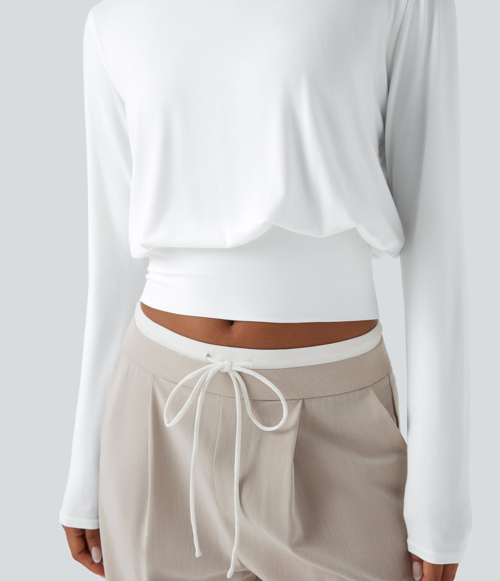 Round Neck Long Sleeve Work Top — White — view 4