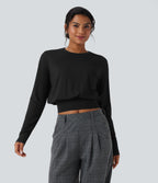 Round Neck Long Sleeve Work Top — Black — view 6