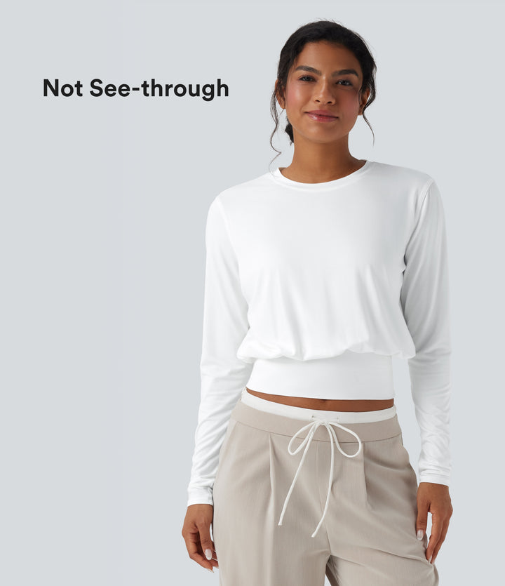 Round Neck Long Sleeve Work Top — White — view 1