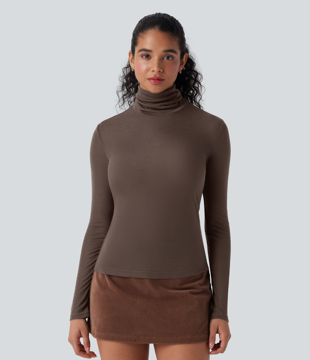 High Neck Long Sleeve Casual Wool-Blend Top — Coffee Quartz — view 6