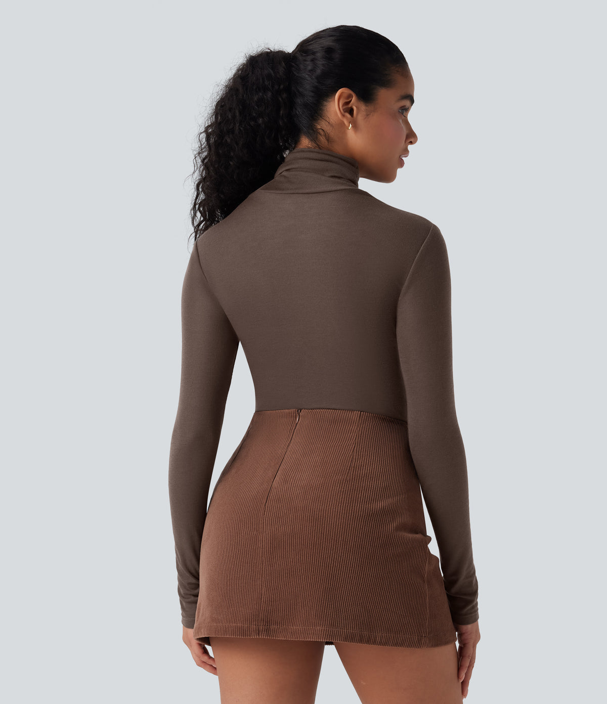 High Neck Long Sleeve Casual Wool-Blend Top — Coffee Quartz — view 3