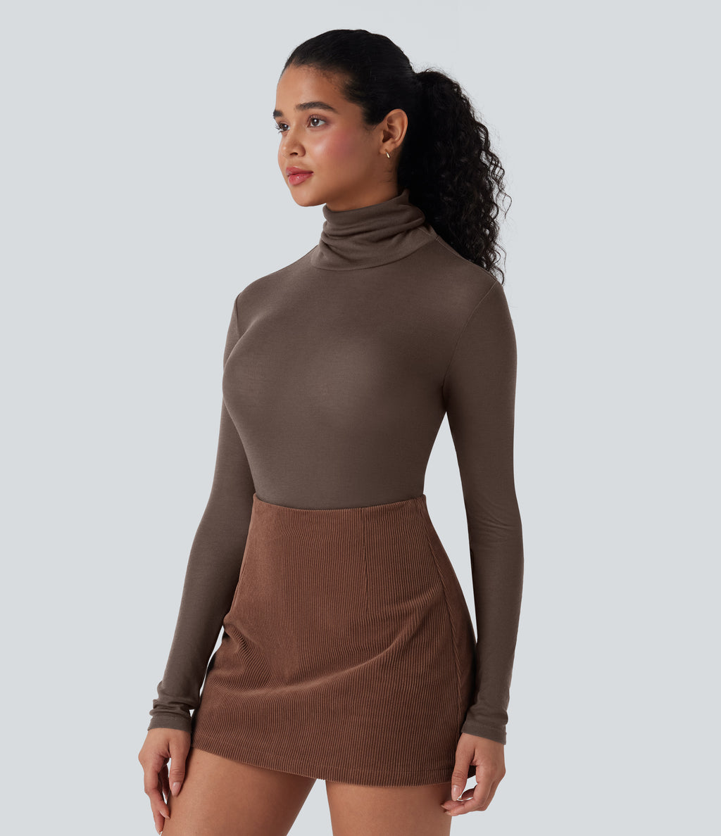 High Neck Long Sleeve Casual Wool-Blend Top — Coffee Quartz — view 4