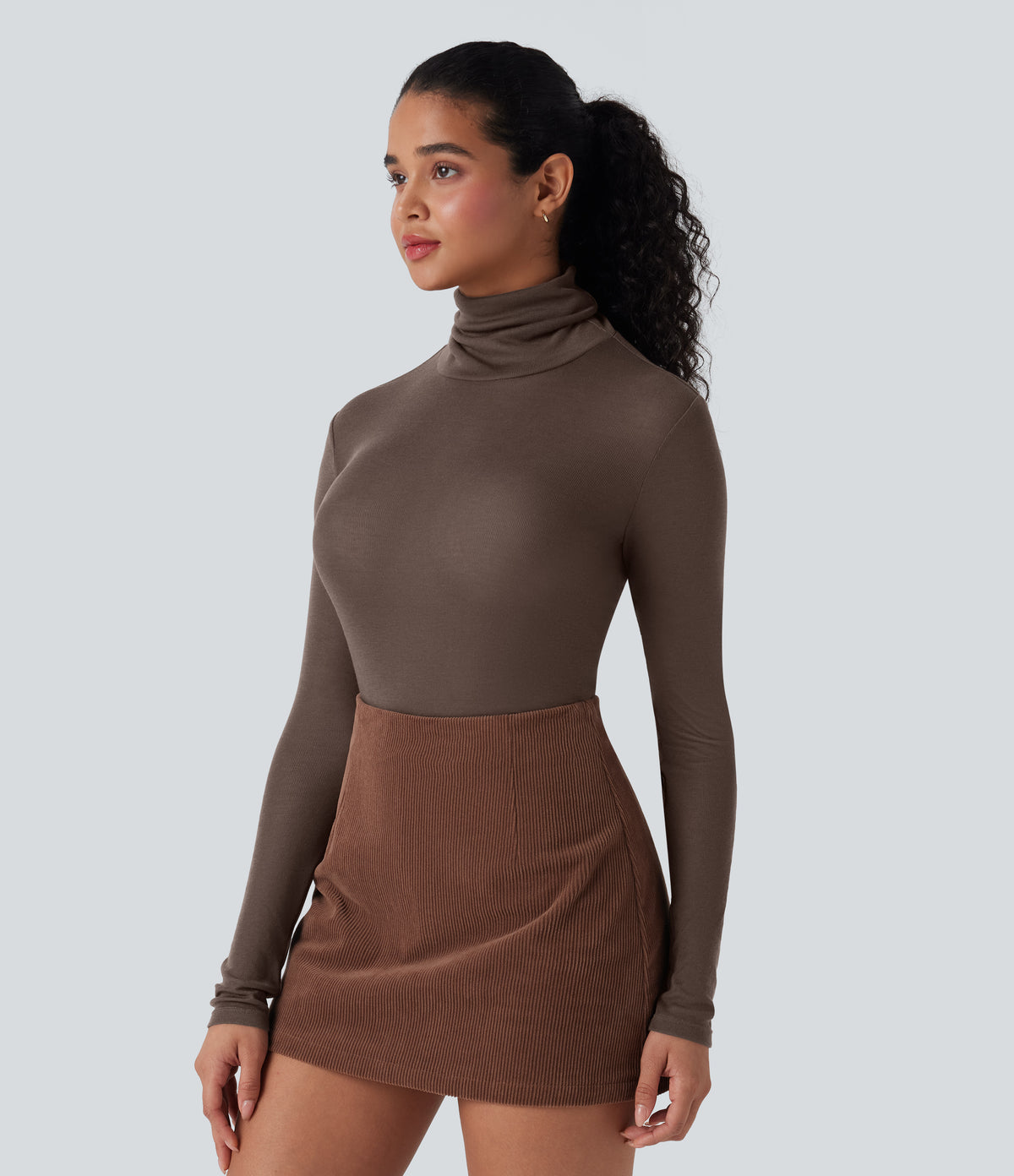 High Neck Long Sleeve Casual Wool-Blend Top — Coffee Quartz — view 4