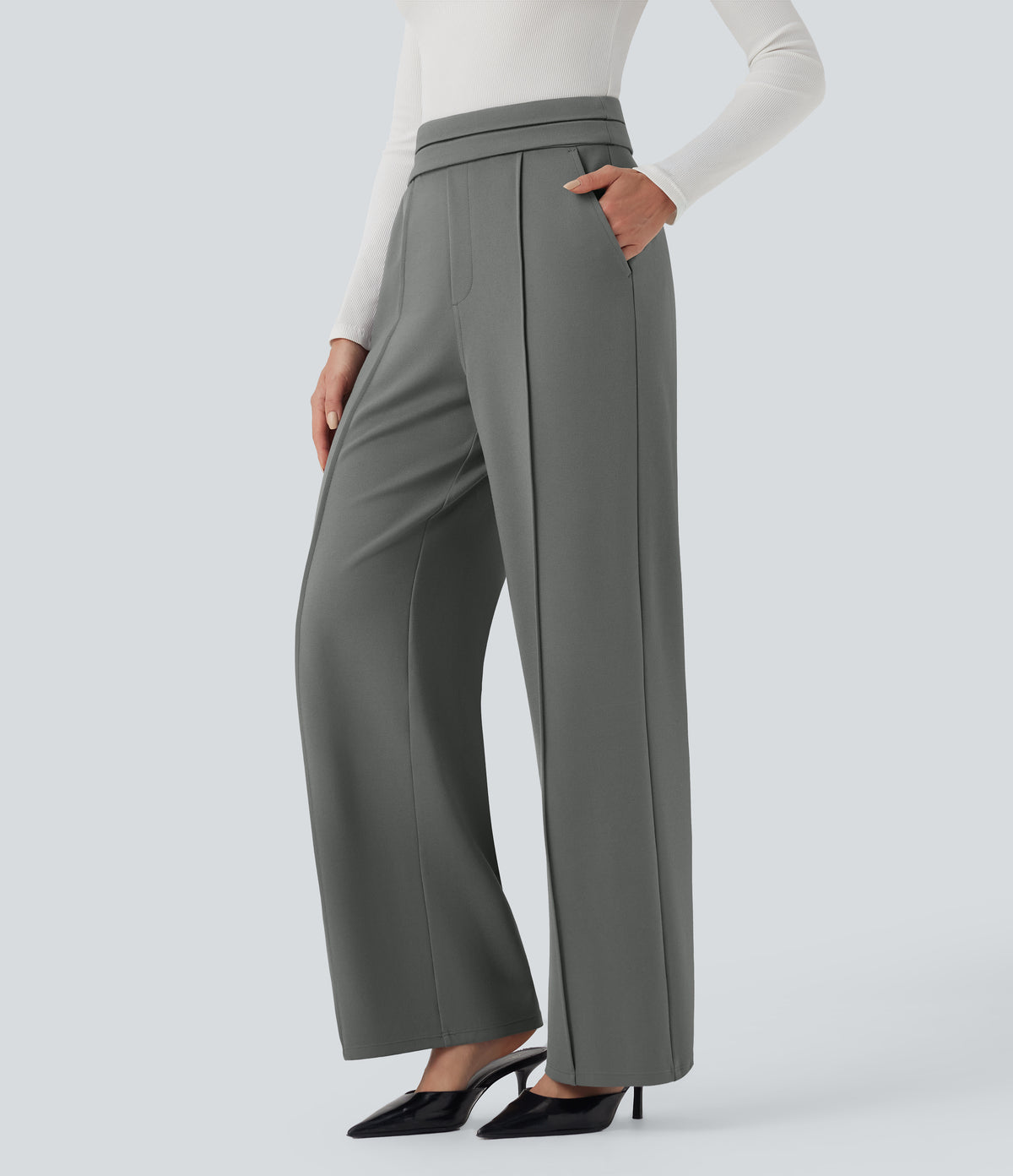 High Waisted Straight Leg Work Trousers with Pockets — Putty Gray — view 2