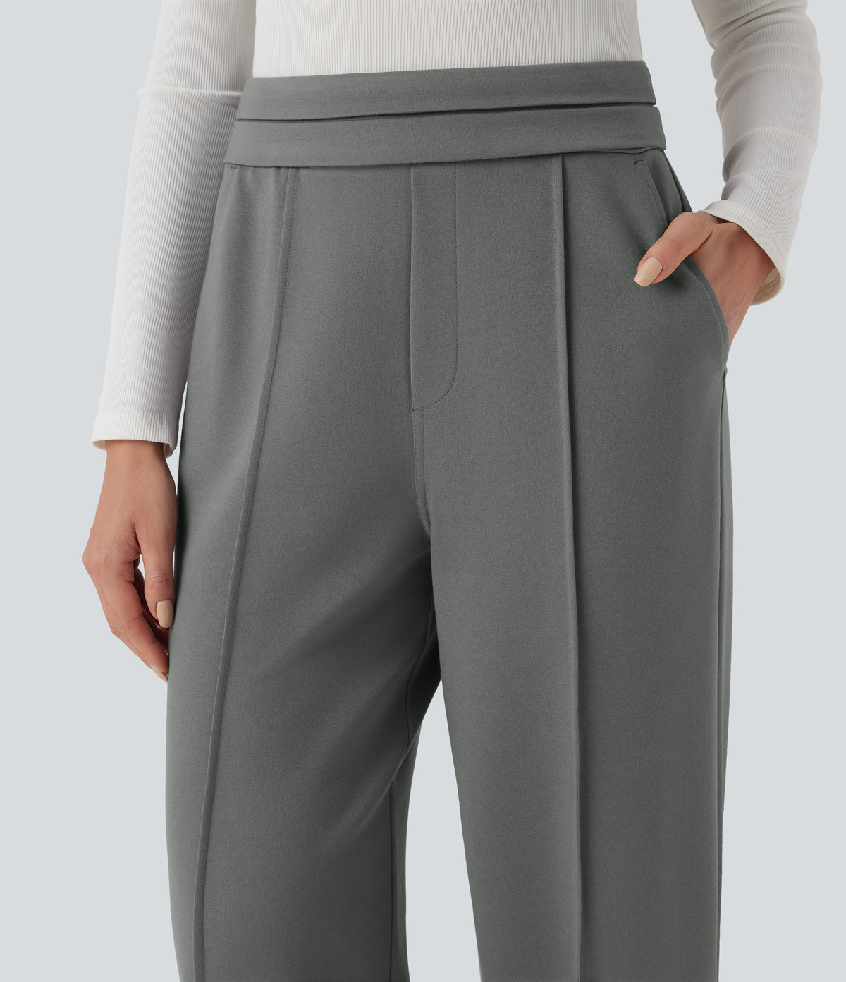 High Waisted Straight Leg Work Trousers with Pockets — Putty Gray — view 4