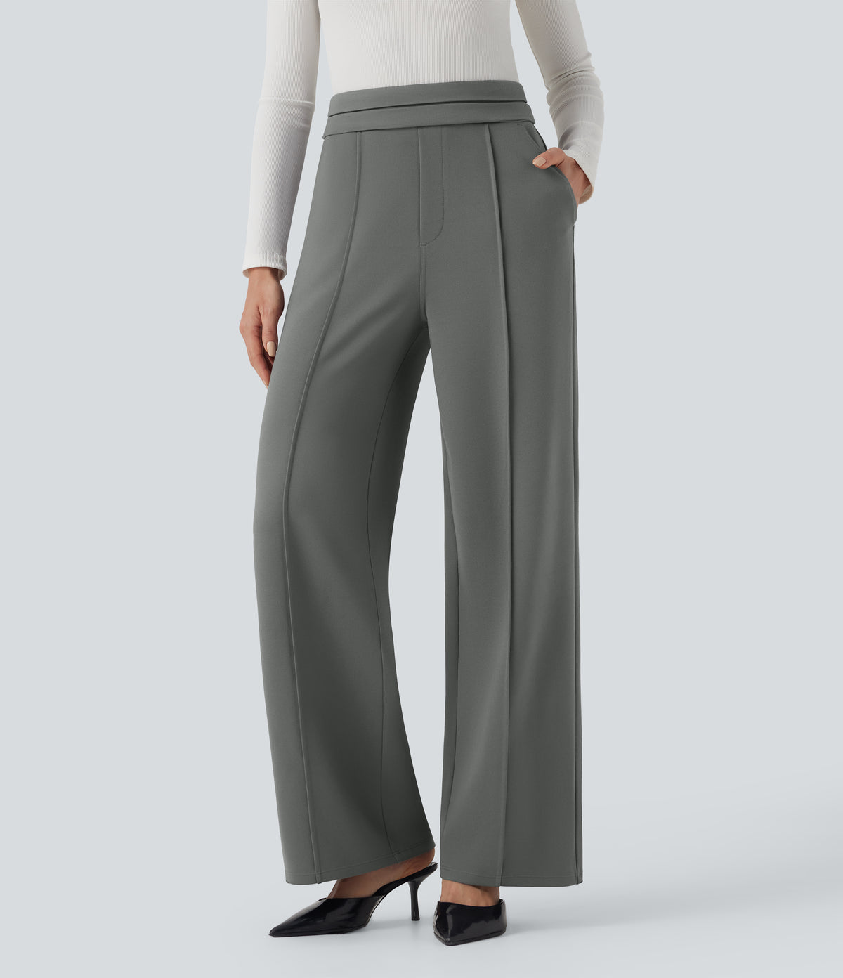 High Waisted Straight Leg Work Trousers with Pockets — Putty Gray — view 1