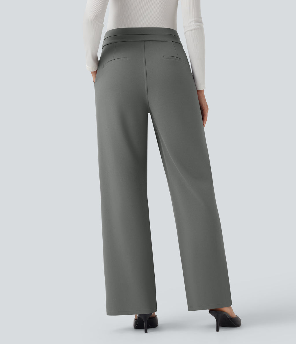 High Waisted Straight Leg Work Trousers with Pockets — Putty Gray — view 3