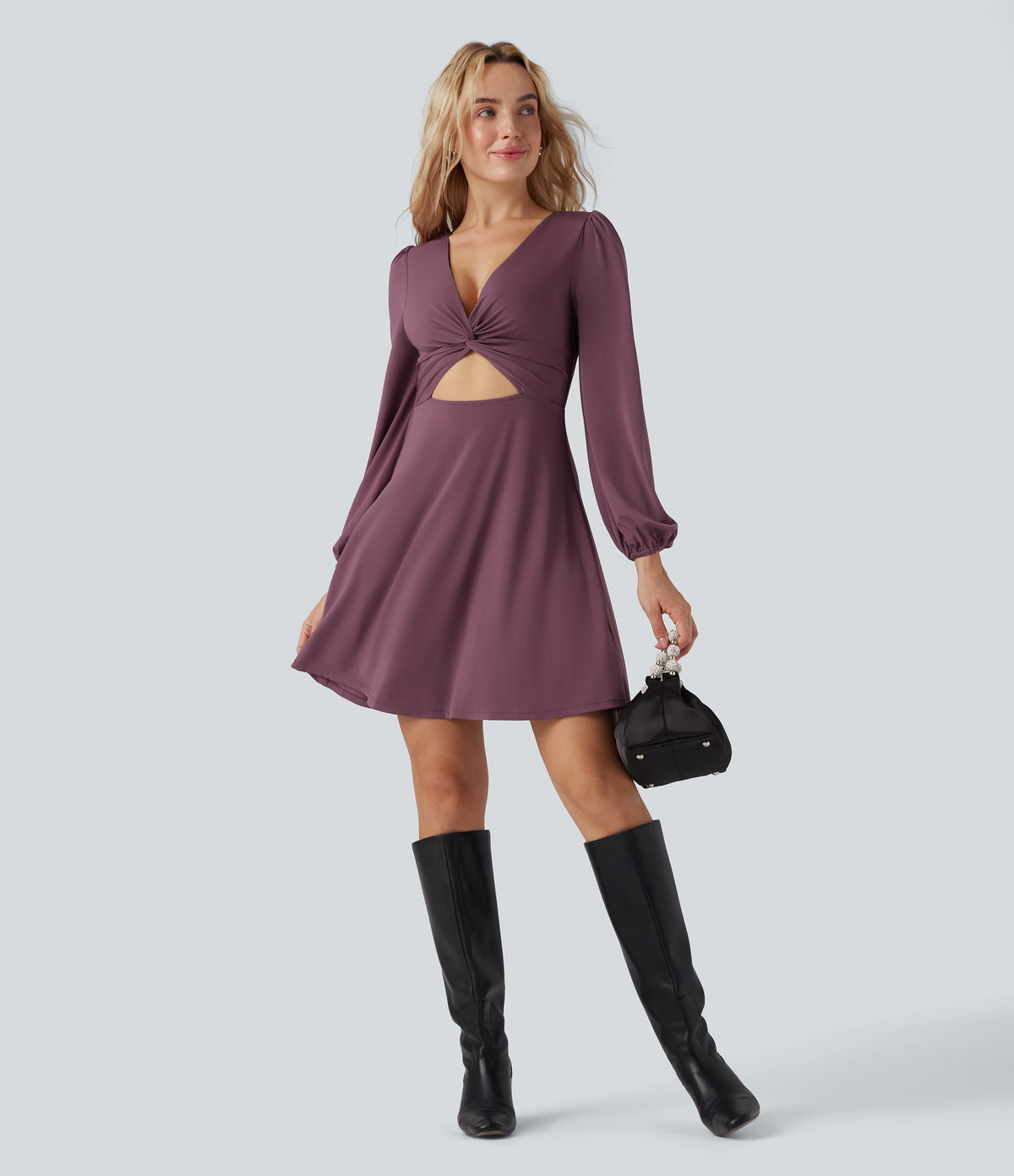 V-neck Cut-out Long Sleeve Zipper Mini Dress — Tulipwood — view 6