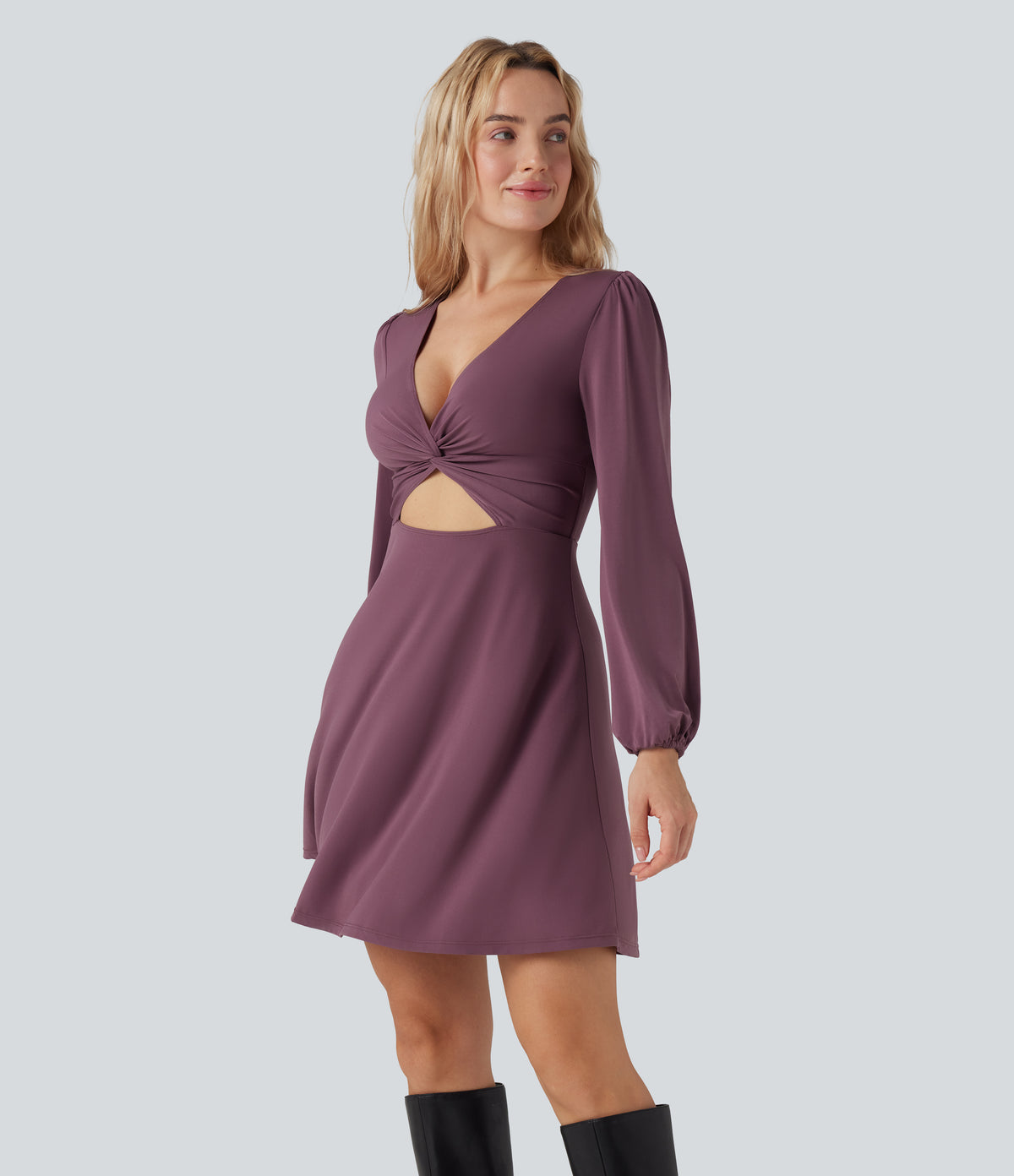 V-neck Cut-out Long Sleeve Zipper Mini Dress — Tulipwood — view 3